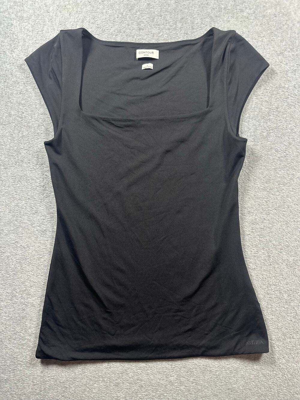 Aritzia Contour Fitted Blouse Top Women's Large Black Cap Sleeve Square Neck